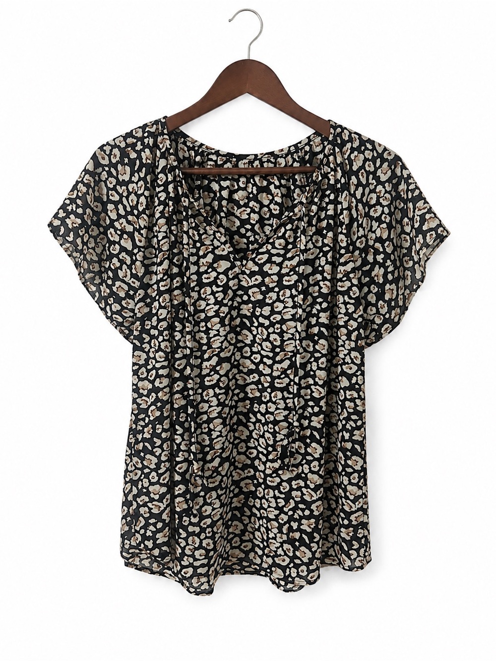 Black Leopard Print Short Sleeve V-Neck Blouse